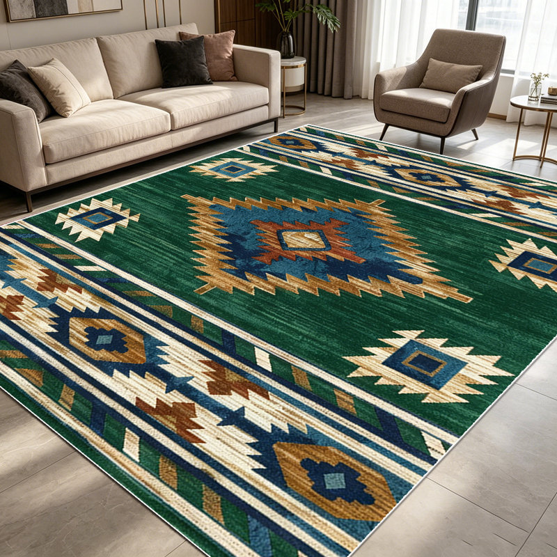 1PC Southwestern Aztec Geometric Emerald Green area rugs for Living Room, Soft and Comfortable, Suitable for all seasons, easy-to-maintain, machine washable Indoor floor mat, Under Table Farmhouse suitable for dining table, bedroom, entryway,
