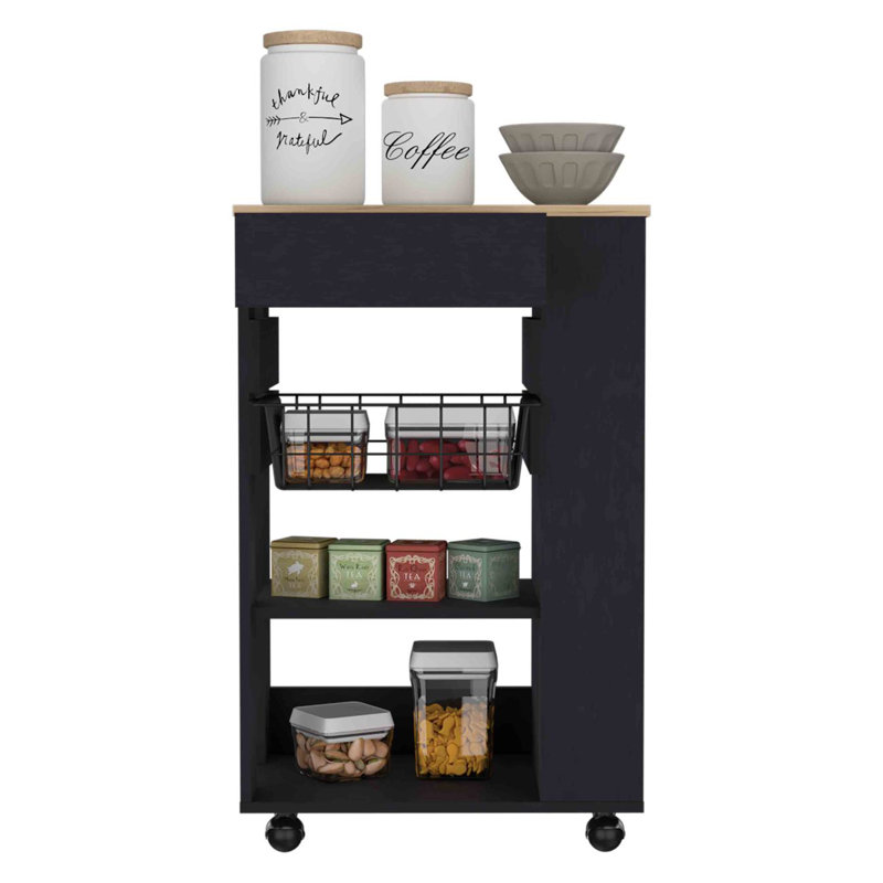 Blosson Kitchen Cart,  One Drawer, Two Open Shelves, Four Casters, Black