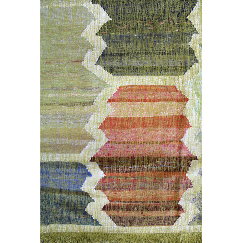 Tapis vert nouvel âge en laine tissé à la main de conception unique 9 pi 3 po x 12 pi 6 po Anjaro