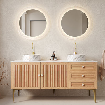 Meuble-lavabo de 60 po avec lavabo, armoire de rangement autoportante en contreplaqué avec 4 pieds en métal, 3 tiroirs et 2 portes, lavabo en céramique blanche avec motif en pierre, sans robinet, pré-assemblé, couleur grain de bois de chêne