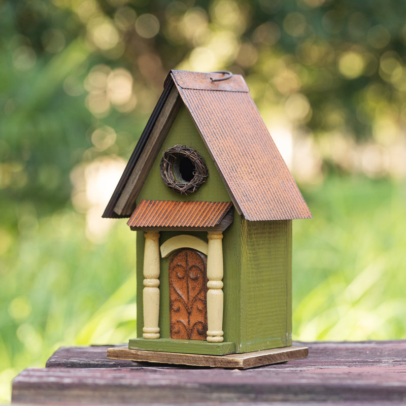 11.25"H Vintage Green Distressed Solid Wood Decorative Birdhouse