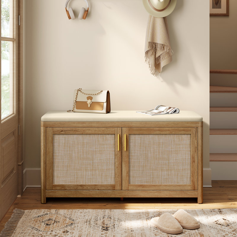 Banc de rangement pour chaussures Boho avec coussin, portes d'armoire en rotin