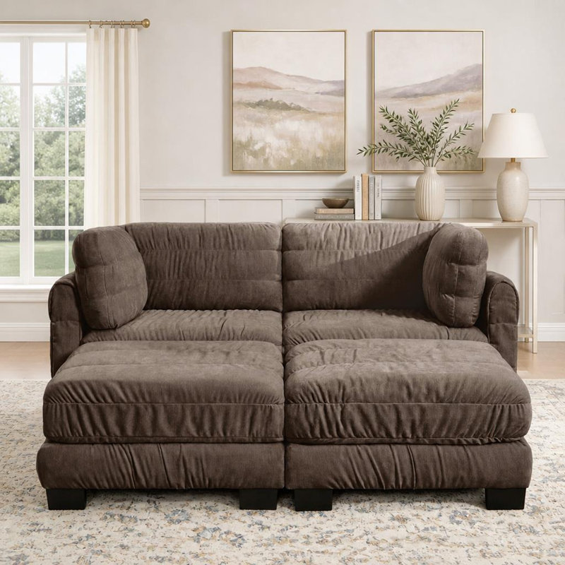Canapé d'angle modulaire en chenille, 2 poufs amovibles, mousse haute densité, montage facile, 78.7, Brown