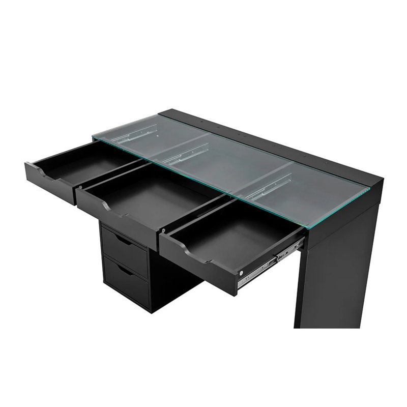 Coiffeuse Slay Station Kendall avec plateau en verre transparent et 7 tiroirs à fermeture en douceur , Noir