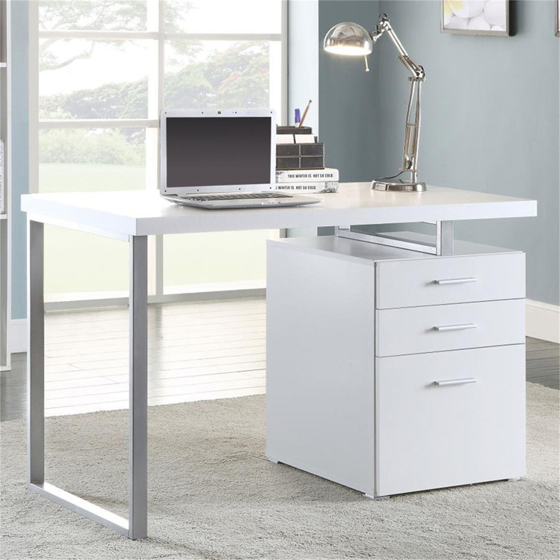 Bureau d'écriture avec 3 tiroirs en blanc, Blanc / argenté