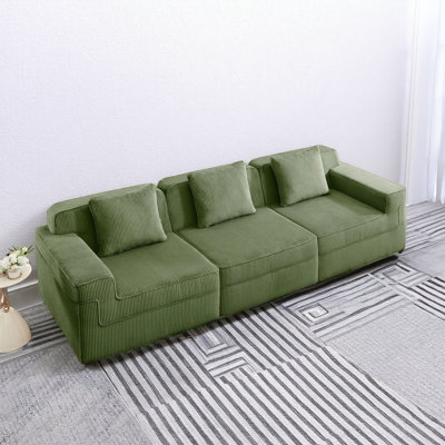 Green Corduroy Cloud Sofa, Modular Three-Seater Frameless Model, Deep Seat Support, With Cushions Suitable For Modern Leisure Scenes