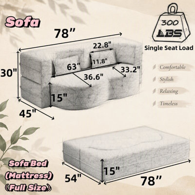 Canapé-lit convertible en molleton Sherpa avec 2 coussins, matelas pliant double pour le salon et les invités