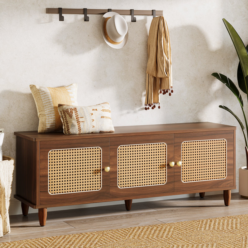 Banc de rangement pour chaussures avec rangement à dessus relevable et portes en rotin pour vestibule Danaisa