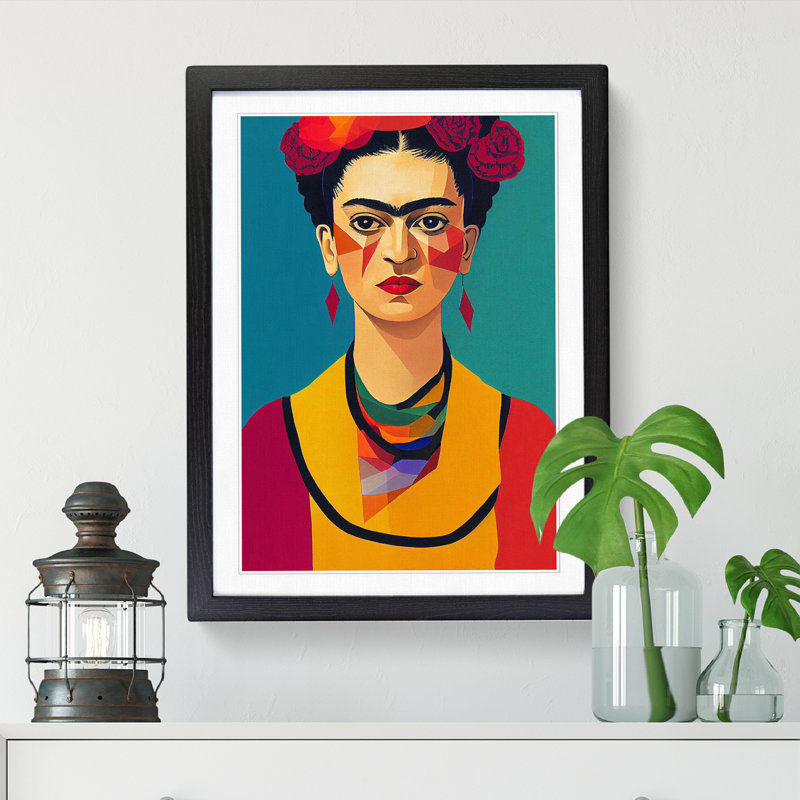 Frida Kahlo Geometric - Wall Art, 34cm H x 25cm W x 2cm D, Oak Picture Frame Paper, White