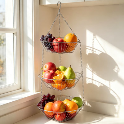 Wire Fruit Hanging Basket with Three Tier Storage, Wall Mounted Organization Baskets for Kitchen, Bathroom, Closet, Garden, No Punching Installation