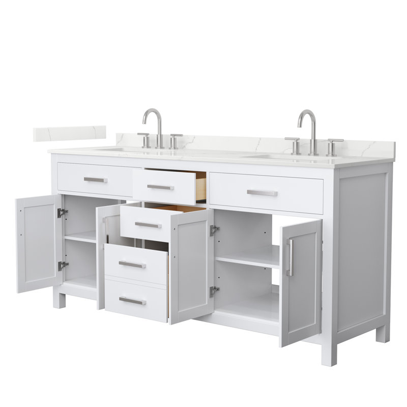 Beckett 72" Freestanding Double Bathroom Vanity with Quartz Top, Brushed Nickel, White, Giotto Quartz