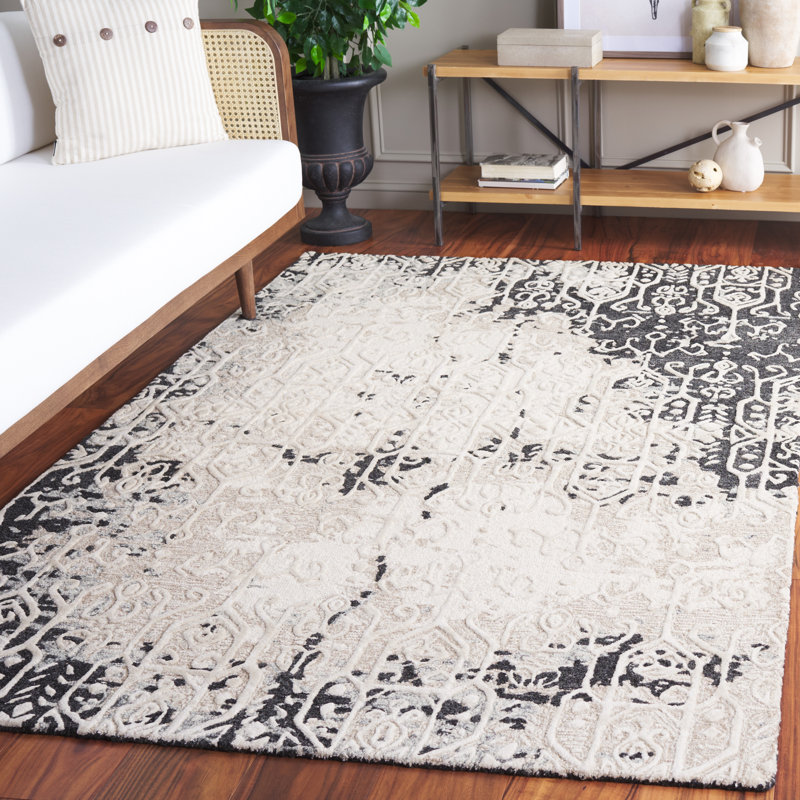Tapis noir / ivoire en laine touffeté à la main Ebony Southwestern, Rectangle 4 pi x 6 pi