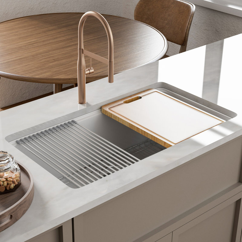 Los Flexi White Undermount Kitchen Sink, 33'' L x 19'' W x 10″ H, With Cutting Board & Drying Rack, Rectangular Single Bowl