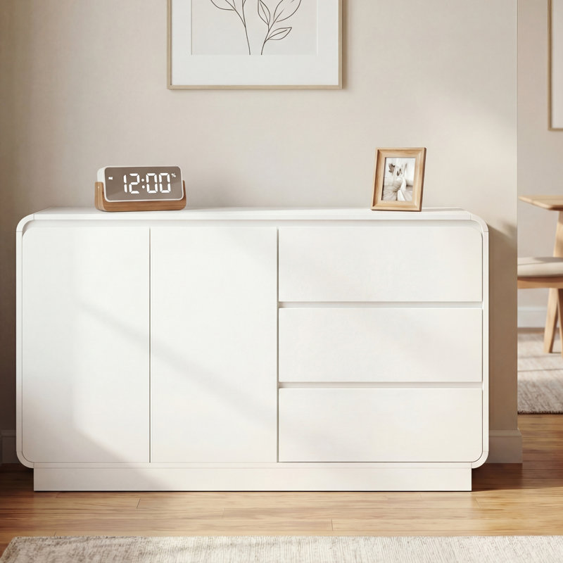 Buffet moderne blanc, armoire de rangement de 55,1 po de largeur avec 2 portes et 3 tiroirs, salle à manger polyvalente