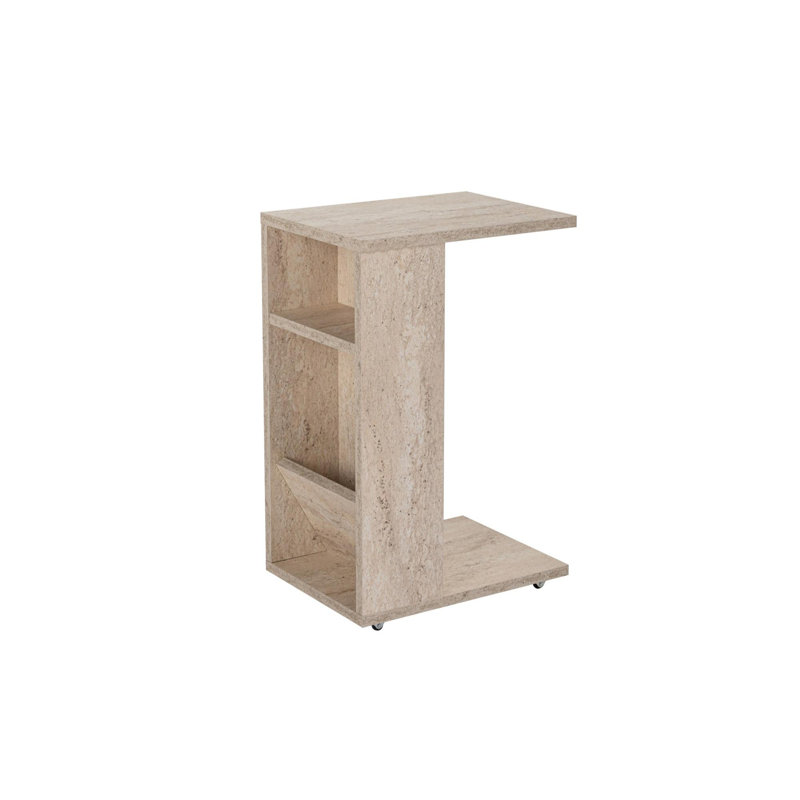 Modern Side Table with Wheeled Legs, Travertine Color, 11.8 x 24.8 x 15.7 inches | 100% Melamine Coated Particle Board, Thickness: 0.71 inches | Stylish Marble Design, Perfect for Living Room or Bedroom