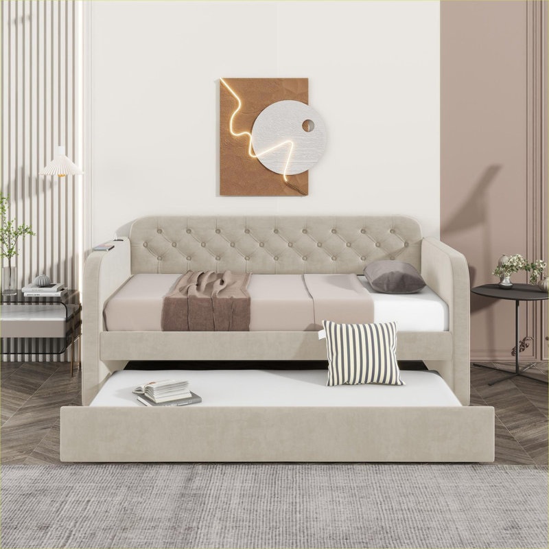 Lit de jour rembourré plateforme polyvalent pour le salon de la chambre à coucher Lit simple en velours beige chaud avec lit gigogne escamotable et chargement USB