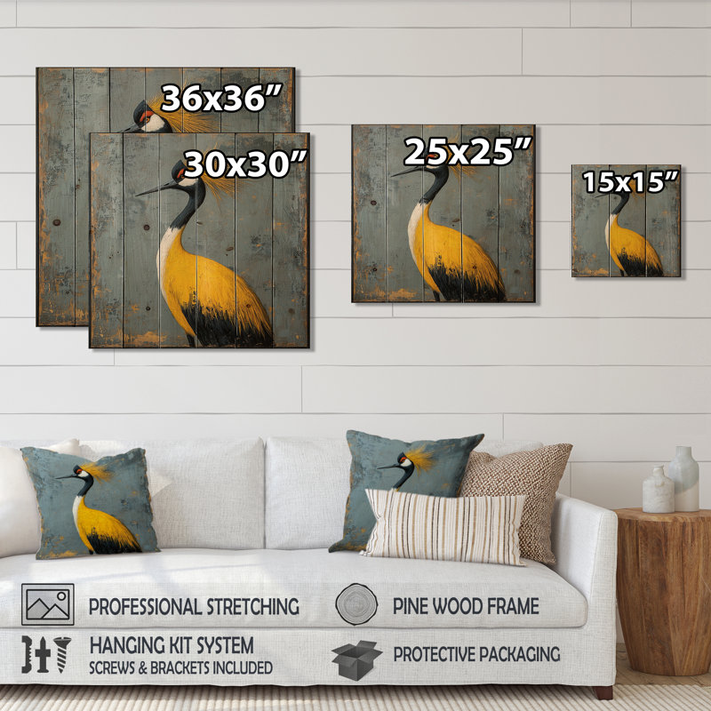 Grue grise et jaune oiseau I - impression sur bois d'oiseau - sur bois de pin naturel, H 30 po x l 30 po x P 0,78 po
