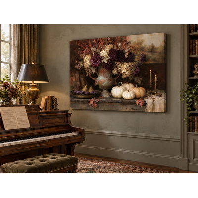 Art antique sur toile tendue avec fleurs et citrouilles