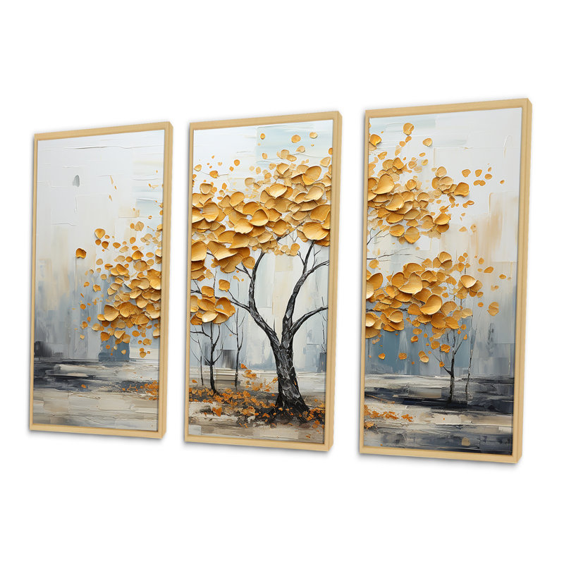 Golden Elegance Maple Tree I - ensemble d'art mural sur toile érable, Cadre naturel flottant, H 40 po x l 60 po x P 1 po