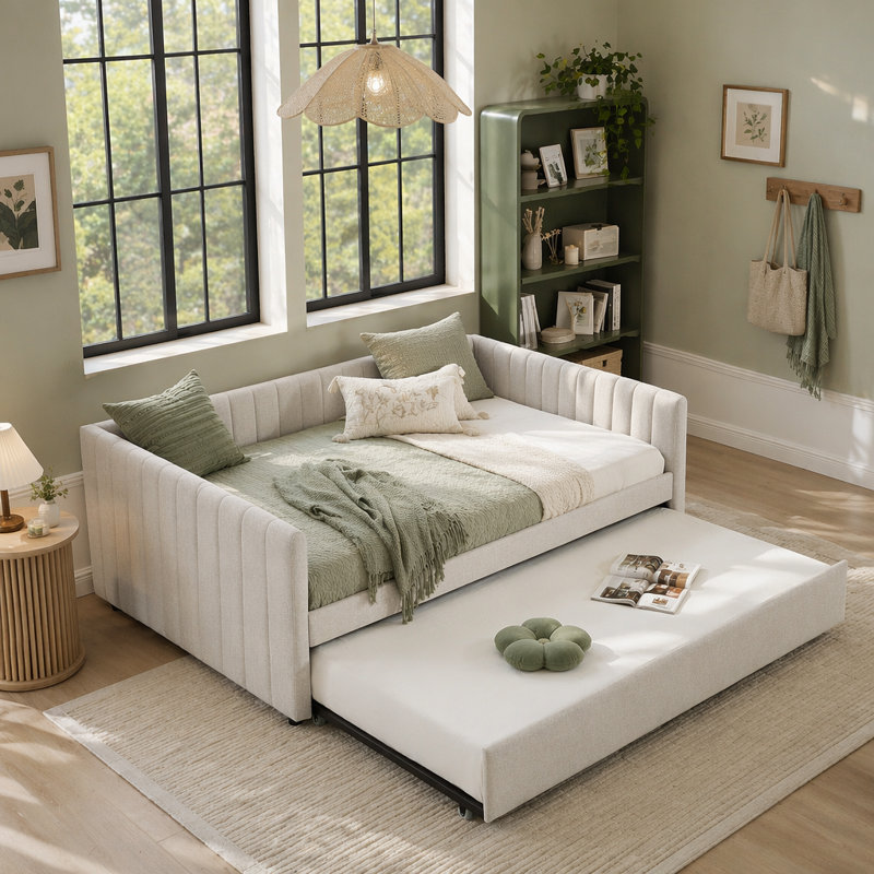 Daybed with Trundle Upholstered Sofa Bed, Beige, Full/Double
