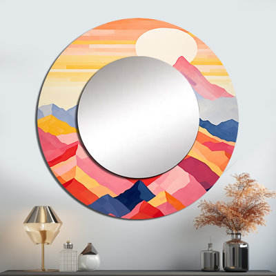 Montagnes Sunrise Realms I - miroir décoratif montagnes, grand miroir mural rond traditionnel, impression d'art en métal
