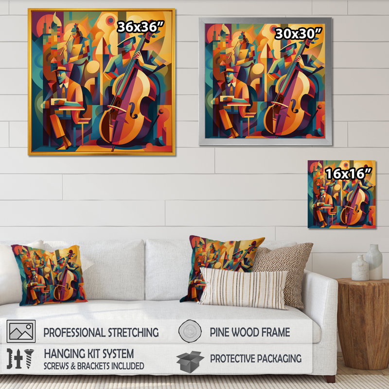 Jazz Band Performance I - Music Jazz, art mural, H 16 po x l 16 po x P 1 po, Cadre flottant doré