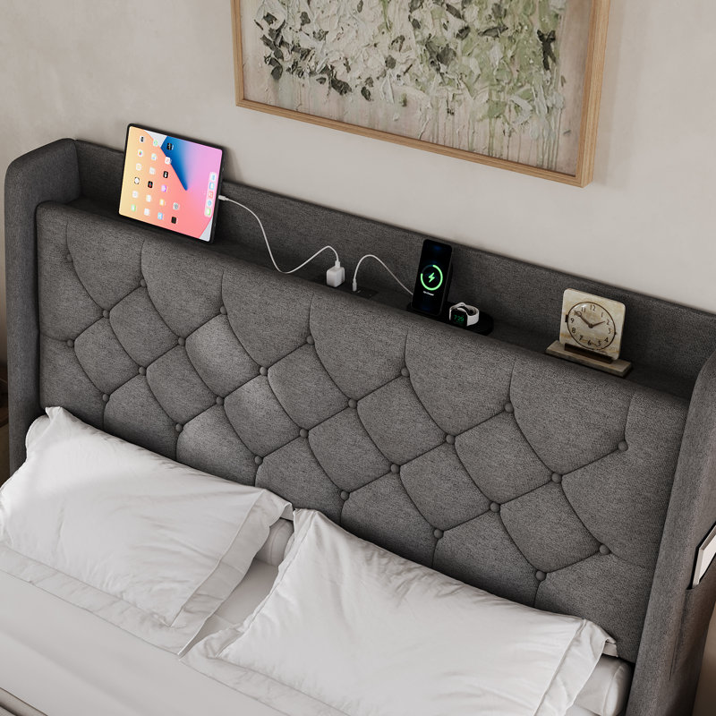 Tête de lit rembourrée ergonomique avec dossier à oreilles surdimensionné, station de recharge, éclairage DEL, Queen