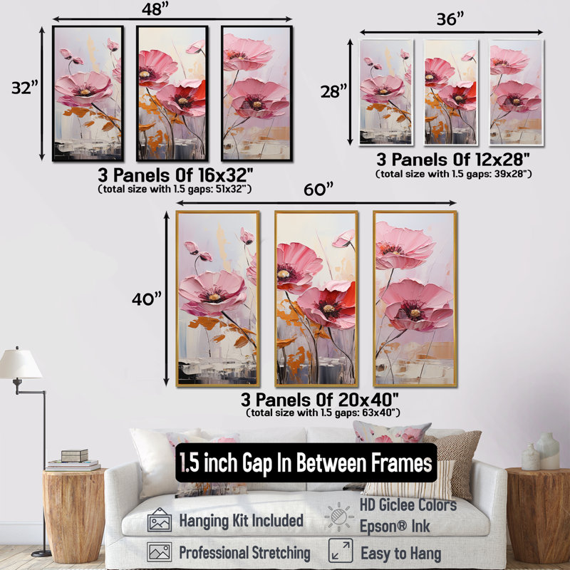 Vivid Poppy Minimalisme Moments - ensemble d'art sur toile coquelicots, Cadre flottant noir, H 40 po x l 60 po x P 1 po