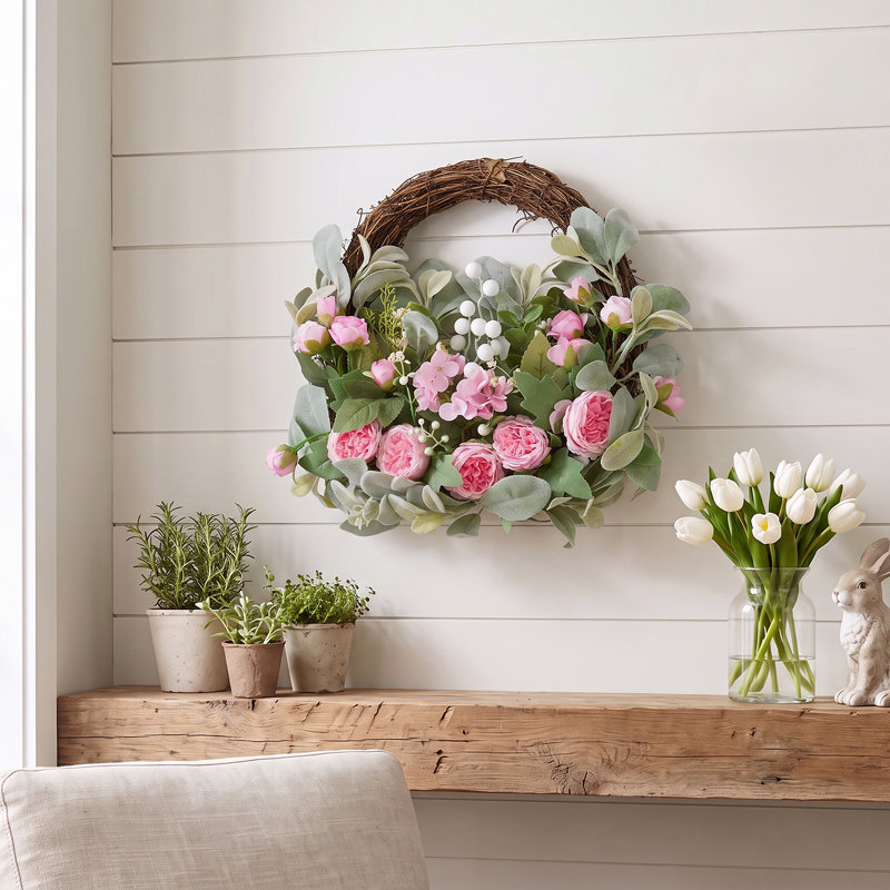 Faux Plant in Rattan Freestanding  Planter, 8cm H x 40cm W x 40cm D, Pink； Green