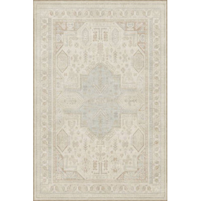 Cream Traditional Geometric Patterned Woven Base Machine Washable Rug
