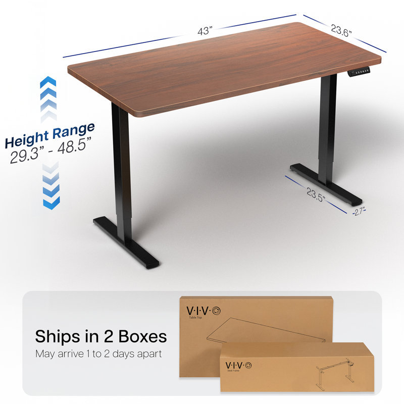 VIVO Single Motor Electric Desk with Push Button Memory Controller, 48.5" H x 43" W x 24" D, Dark Walnut/Black