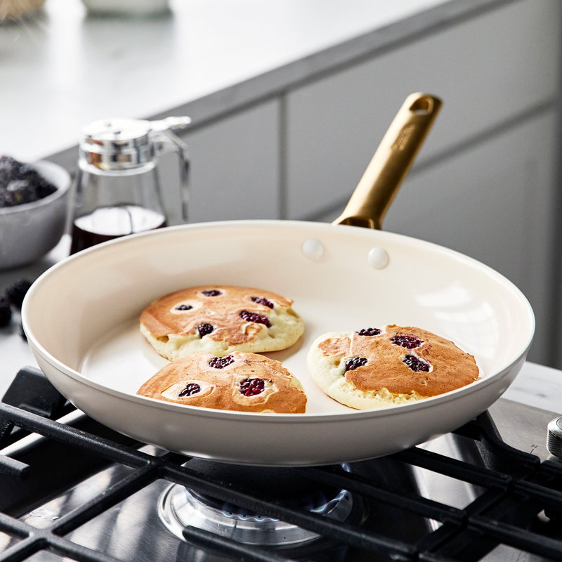 Taupe and Gold Aluminum Ceramic Nonstick Fry Pan Set, 8", 10", 12"