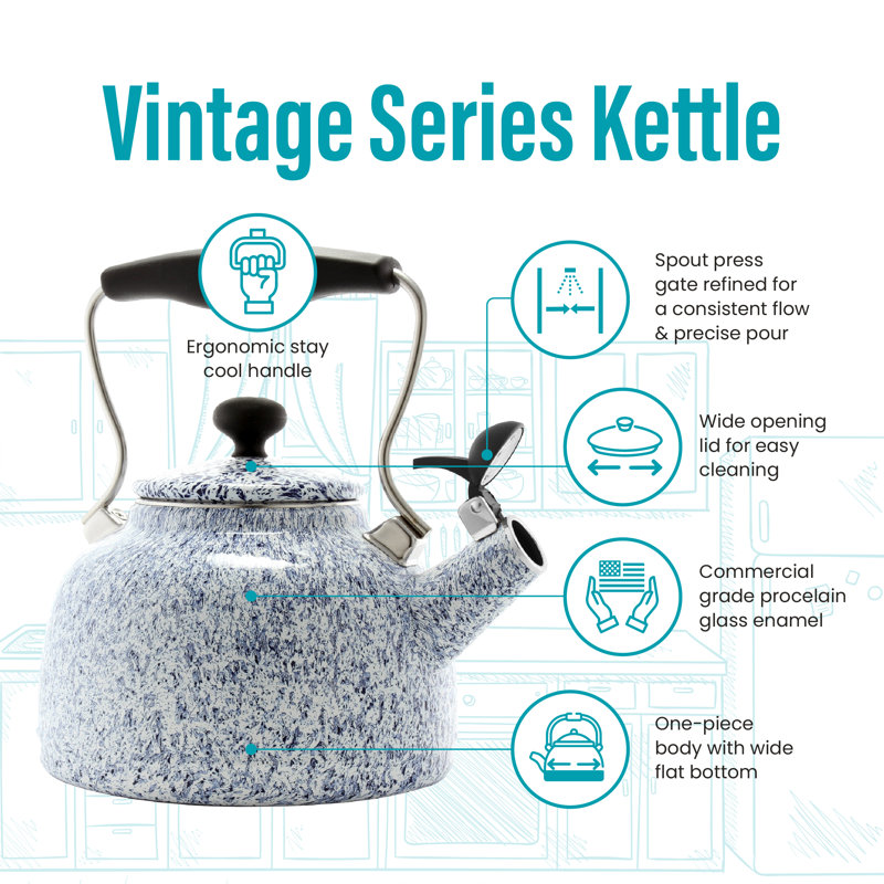 Chantal Vintage 1.7 qt Carbon Steel Whistling Stovetop Teakettle, Splatter White/Blue