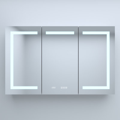48 In. W X 30 In. H Rectangular Silver Aluminum Recessed/Surface Mount Medicine Cabinet With Mirror LED And Clock