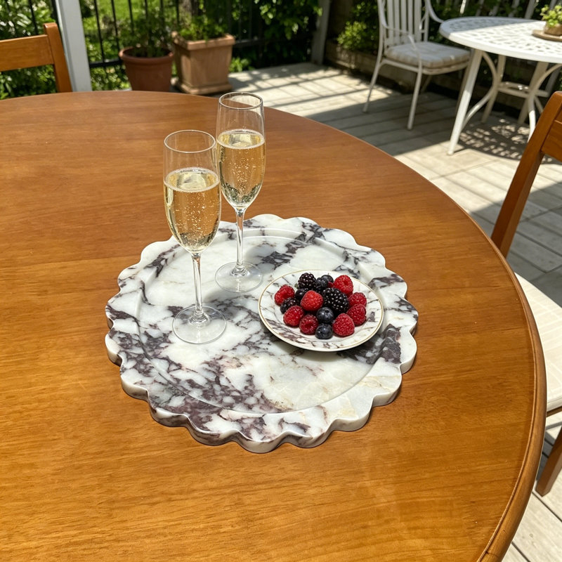 Calacatta Viola Marble Tray With Scalloped Edge, 11 Inch Round Decorative Tray For Coffee Table Centerpiece, Natural Stone Home Decor