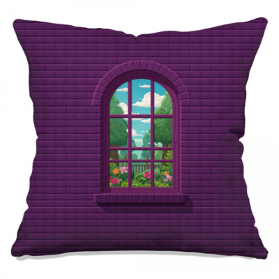 Purple Brick Wall Window Double Sided Throw Pillows