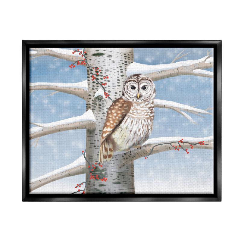 «Snowy Birch Tree Owl» par Caro Windmuller, impression, Cadre flottant noir de jais, H 17 po x l 21 po x P 1,7 po