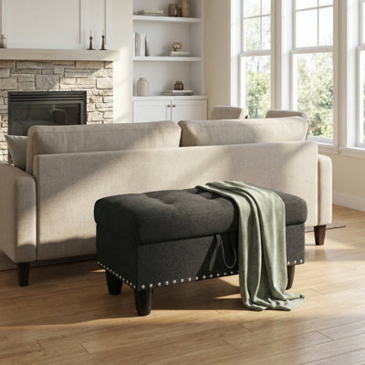 Banc capitonné avec repose-pieds, tabouret rembourré en tissu de lin avec garniture cloutée, coffre de rangement à plateau relevable pour le salon, la chambre à coucher et le vestibule (noir)