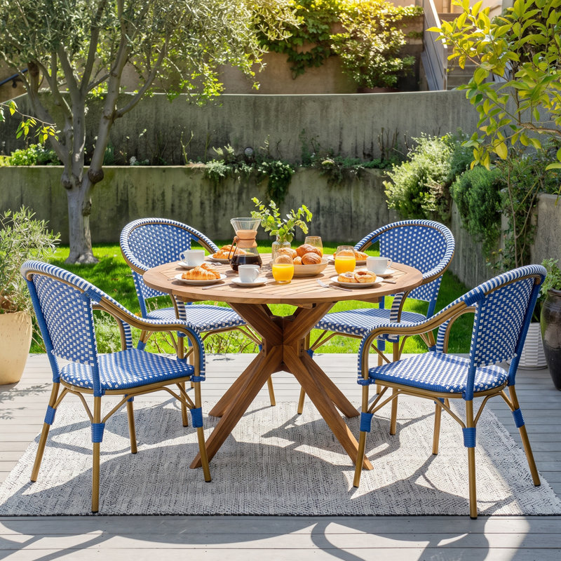 Montmartre 5-Piece Outdoor frenchdining Set With Round Acacia Wood Table And Wicker Armchairs, Natural