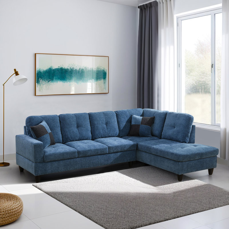 Blue Flannel 2-Piece L-Shaped Sectional Sofa Set, Blue Velvet