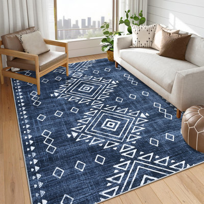 Grand tapis lavable 8 x 10 moderne à motif géométrique délavé doux et antidérapant