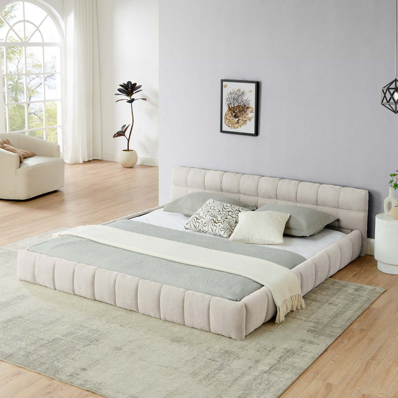 Structure de lit tapissier avec tissu épais, lit plateforme en chenille avec tête de lit et structure solide. Aucun sommier tapissier requis