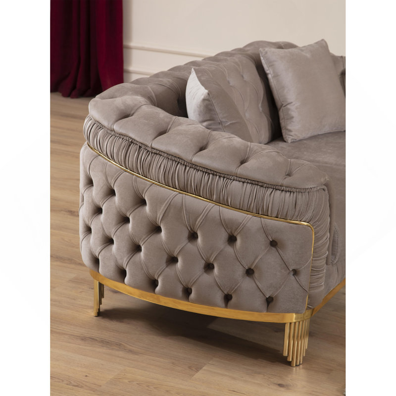 Ensemble de salon 2 pièces de style moderne (y compris canapé + causeuse) en bois avec surface capitonnée à boutons de couleur taupe (NJ Inventory)