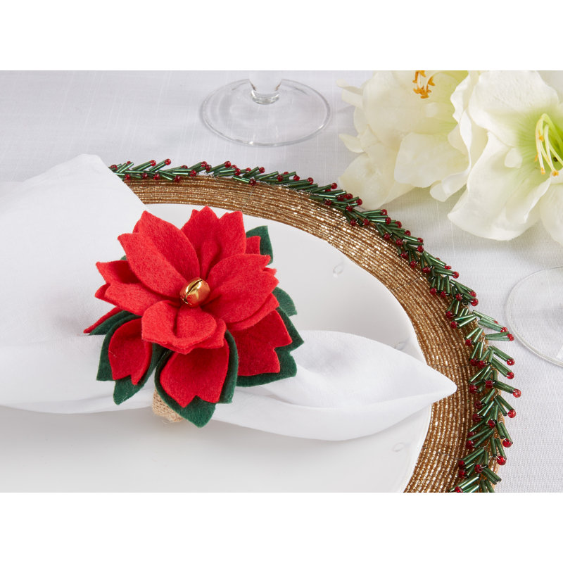 Festive Red Felt Poinsettia and Jute Napkin Rings Set