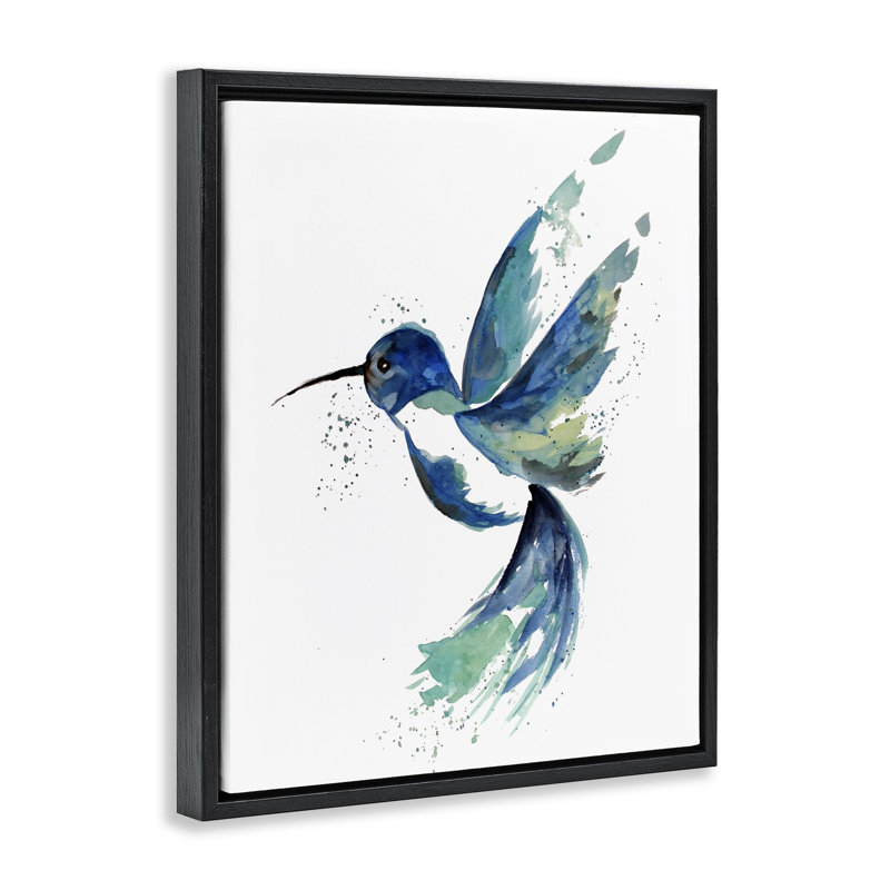 «Modern Blue Hummingbird Flying - Floater Frame», impression sur toile, H 31 po x l 25 po, Cadre flottant noir de jais