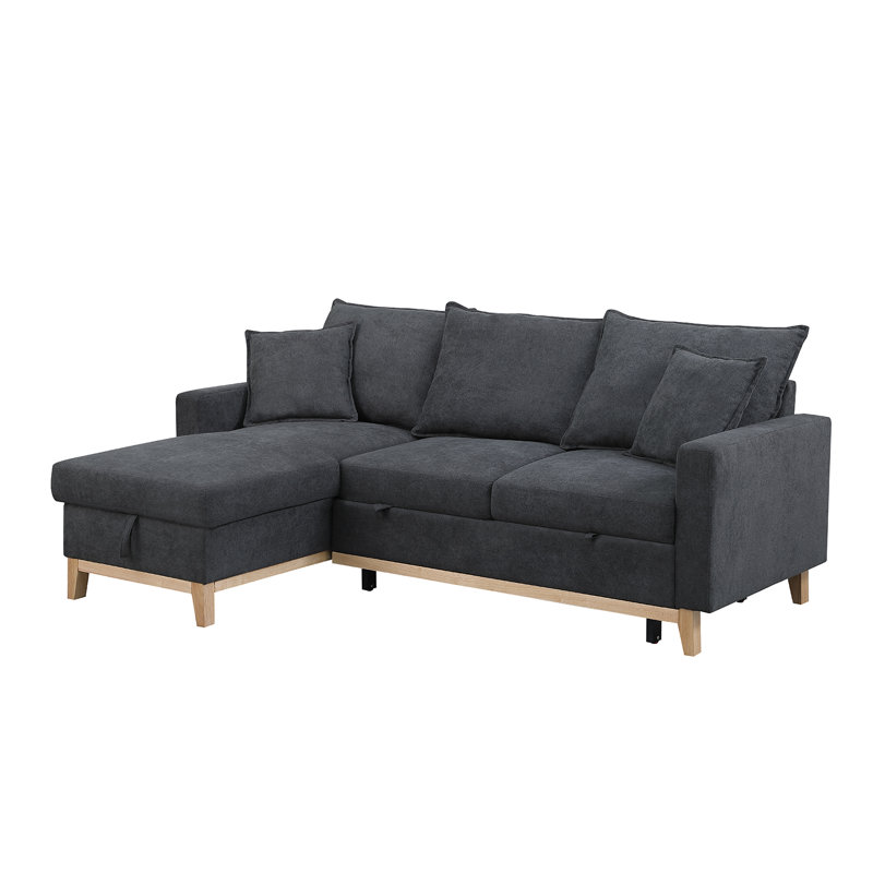 Woven Reversible Sleeper Sectional Sofa With Storage Chaise, Dark Gray Polyester Blend