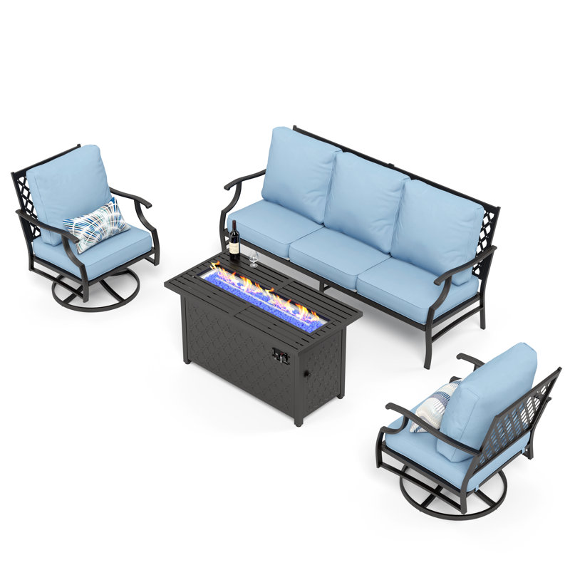 Asfand 5 - Person Patio Conversation Set with Swivel Lounge Chairs & Firepit Table, Blue