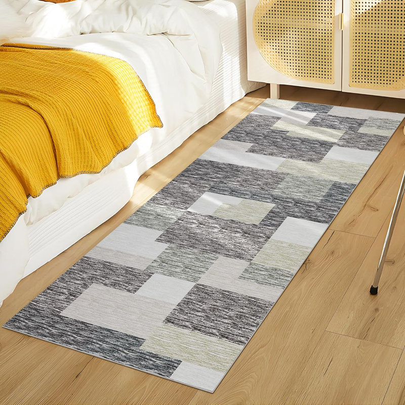 2x6 Modern Runner Rug, Geometric Patchwork, Non-Slip, Washable, Low Pile, Hallway, Foldable, Contemporary Carpet, Laundry, Gray, Camel.