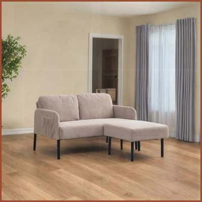 Canapé en L 2 places avec repose-pieds en polyester moderne beige - Petit canapé confortable pour le salon, la chambre à coucher, le bureau