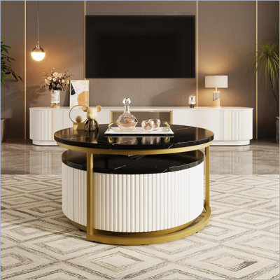Table basse ronde moderne noire et dorée avec tiroir cannelé pour le salon